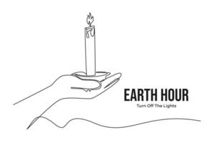 Continuous one line drawing earth hour day concept. Doodle vector illustration.