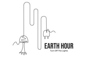 Continuous one line drawing earth hour day concept. Doodle vector illustration.