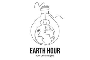 Continuous one line drawing earth hour day concept. Doodle vector illustration.