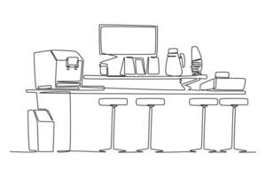 One continuous line drawing of Coffeehouse, coffee shop or cafe concept. Doodle vector illustration in simple linear style.