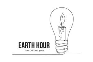 Continuous one line drawing earth hour day concept. Doodle vector illustration.