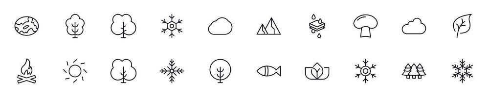 Nature vector symbols drawn with black thin line. Editable stroke. Simple linear illustration that can be used as a design element for apps and websites