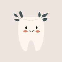 Tooth Emoji with Leaves Flat Illustration. Perfect for different cards, textile, web sites, apps vector