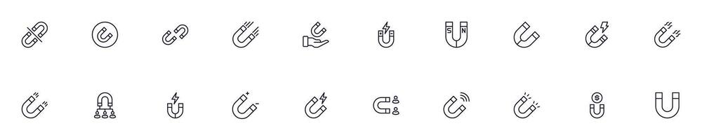 Magnet vector outline icons drawn with black thin line. Editable stroke. Simple linear illustration that can be used as a design element for apps and websites