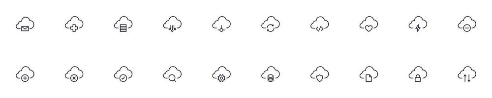 Set of vector symbols of cloud store. Editable stroke. Simple outline signs that perfect for banners, infographics, web sites