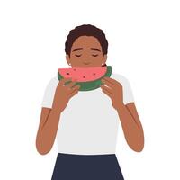 mujer comiendo jugoso sandía a verano día. hembra personaje sonrisa con deleitar, saboreando el dulce, refrescante gusto de el Fruta vector