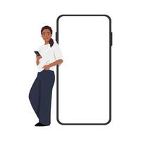 Happy black Woman Leaning On Big Giant Smartphone With Empty White Display, Casual Female Holding Using Cell Phone, Browsing Website Advertising App. vector