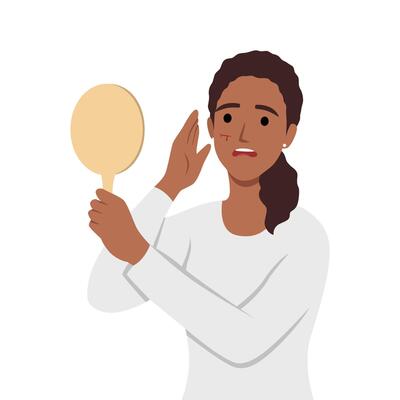 Unhappy shocked woman holding mirror in hand with scratched face bleeding.
