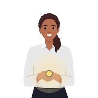 mujer con Linterna sonrisas y mira a pantalla recomendando utilizando dispositivo a ligero forma. vector