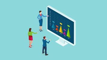 Data Analysis concept with business people team working with graph chart AI plan visual big data. 2D isometric Animation video