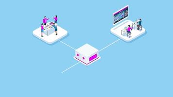 Global outsourcing concept with idea of teamwork, project delegation, online creative teamwork, software development service. 2D isometric Animation video