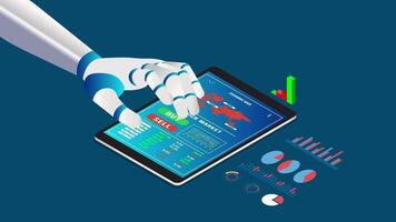 Automated stock trading concept with financial data analysis on the stock exchange by robotic hand. 2D isometric Animation video