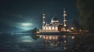 ai generiert Blau Moschee durch das Seeufer unter das Schießen Sterne video