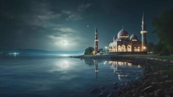 AI generated mosque at night by the lake, with copy space video