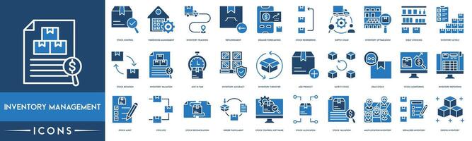 inventor administración icono colocar. valores control, almacén gestión, inventario seguimiento, reposición, demanda pronóstico, valores reordenar, suministro cadena y inventario mejoramiento vector