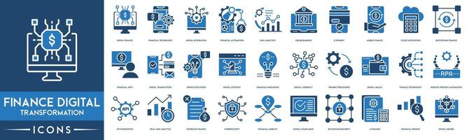 Finanzas digital transformaciones icono. digital finanzas, financiero tecnología, digital integración, financiero automatización, datos analítica, en línea bancario, pago electrónico, móvil Finanzas y nube contabilidad vector