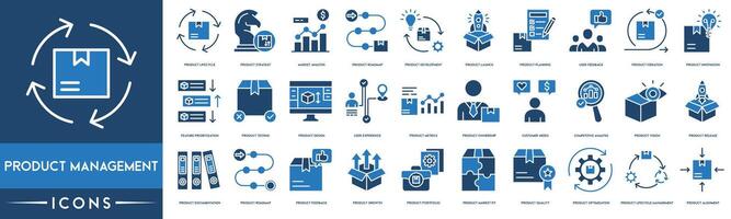 producto administración icono. producto ciclo vital, producto estrategia, mercado análisis, mapa vial, producto desarrollo, lanzamiento, planificación, usuario comentario, innovación y característica priorización icono conjunto vector