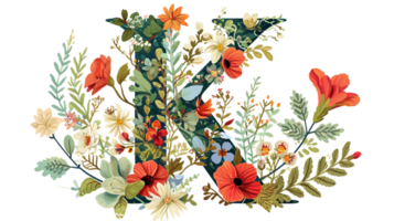 AI generated K in Bloom and leaves on Transparent Background png