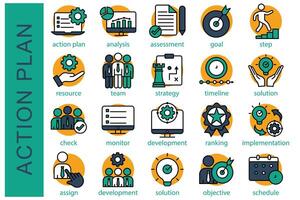 Action plan icon set. containing action plan, analysis, assessment, goal, step, resource, and more. flat line icon collection. business element vector illustration