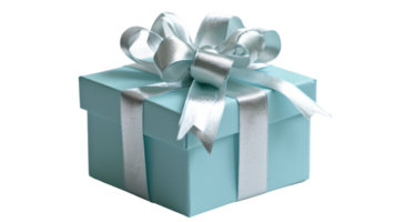 AI generated A pastel blue gift box elegantly wrapped with a silver ribbon on Transparent Background png