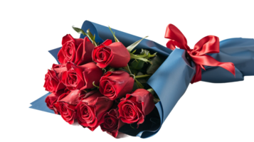 ai généré une bouquet de rouge des roses enveloppé dans une bleu emballage sur transparent Contexte png