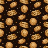 Chocolate chip cookies. Watercolor hand drawn seamless pattern. Background of traditional American homemade biscuits. Print for design of labels, packaging of goods, cards, for bakehouse, bakeshop. vector
