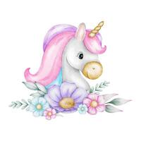 Cute baby fairy tale unicorn, flowers and leaves. Isolated watercolor illustration for logo, kid's goods, clothes, textiles, postcards, poster, baby shower and children's room vector