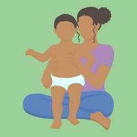 black woman sits cross-legged on the floor and supports a child walking in a diaper. simple vector style in realistic silhouette without face. baby's first steps