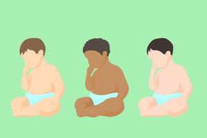 Caucasian, black and Asian babies in diapers sitting sucking on his own fingers. set of sitting kids of different races simple vector style in silhouette