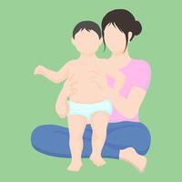 Asian woman sits cross-legged on the floor and supports a child walking in a diaper. simple vector style in realistic silhouette without face. baby's first steps