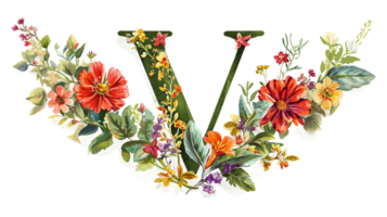 ai généré une vibrant lettre v illustration avec fleurs sur transparent Contexte png