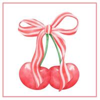 Coquette Cherry with Red Ribbon Bow. Festive 4th of July Watercolor vector