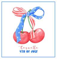 Coquette 4th of July Cherry with stars and stripes ribbon Bow Watercolor. vector