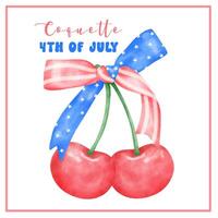 Coquette 4th of July Cherry with stars and stripes ribbon Bow Watercolor. vector