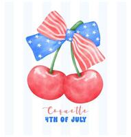 Coquette 4th of July Cherry with stars and stripes ribbon Bow Watercolor. vector