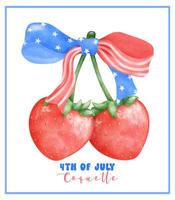 Coquette 4th of July Strawberries with stars and stripes ribbon Bow Watercolor. vector