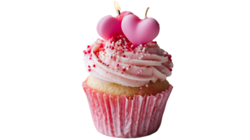 ai generiert Cupcake mit ein Rosa Verpackung und zwei herzförmig Kerzen auf transparent Hintergrund png