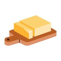 Brick of Butter on a wooden cutting board, cartoon style. Vector illustration isolated on white background, hand drawn, flat design