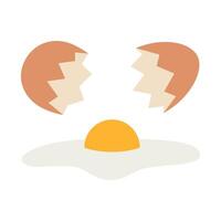 Fried or raw egg and broken, Cracked eggshell, cartoon style. Vector illustration isolated on white background, hand drawn, flat design