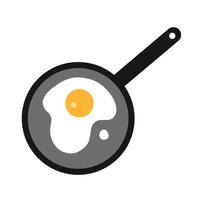 Fried scrambled eggs in a frying pan, cartoon style. Vector illustration isolated on white background, hand drawn, flat design