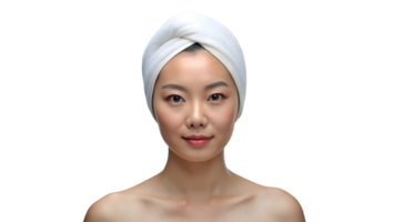 ai generiert asiatisch Mädchen mit Handtuch auf Kopf, Spa Mädchen png