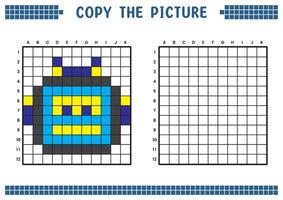 Copy the picture, complete the grid image. Educational worksheets drawing with squares, coloring areas. Children's preschool activities. Cartoon vector, pixel art. Robot face emoticon illustration. vector