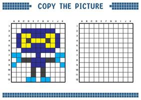 Copy the picture, complete the grid image. Educational worksheets drawing with squares, coloring cell areas. Children's preschool activities. Cartoon vector, pixel art. Advanced robot illustration. vector