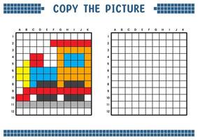 Copy the picture, complete the grid image. Educational worksheets drawing with squares, coloring cell areas. Children's preschool activities. Cartoon vector, pixel art. Train locomotive illustration. vector