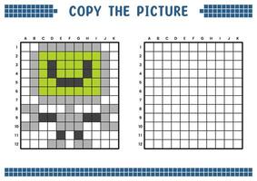 Copy the picture, complete the grid image. Educational worksheets drawing with squares, coloring cell areas. Children's preschool activities. Cartoon vector, pixel art. Computer robot illustration. vector