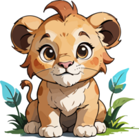 ai généré bébé Lion dessin animé personnage autocollant png