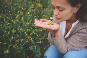 Close-up young woman smelling calendula flower while collecting a bouquet of wildflowers in the meadow photo