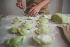 Close-up chef preparing dumplings varenyky ravioli, standing at marble table in the rustic kitchen of a rural house. People. Culinary. Traditional Italian or Ukrainian cuisine. Domestic lifestyle photo