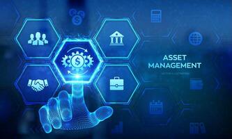 Asset management. Business investment banking payment technology concept on virutal screen. Wireframe hand touching digital interface. Vector illustration.