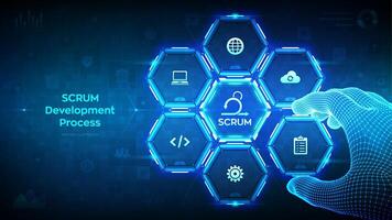 SCRUM. Agile development methodology process. Iterative sprint methodology. Programming and application design concept. Wireframe hand places an element into a composition visualizing SCRUM. Vector. vector